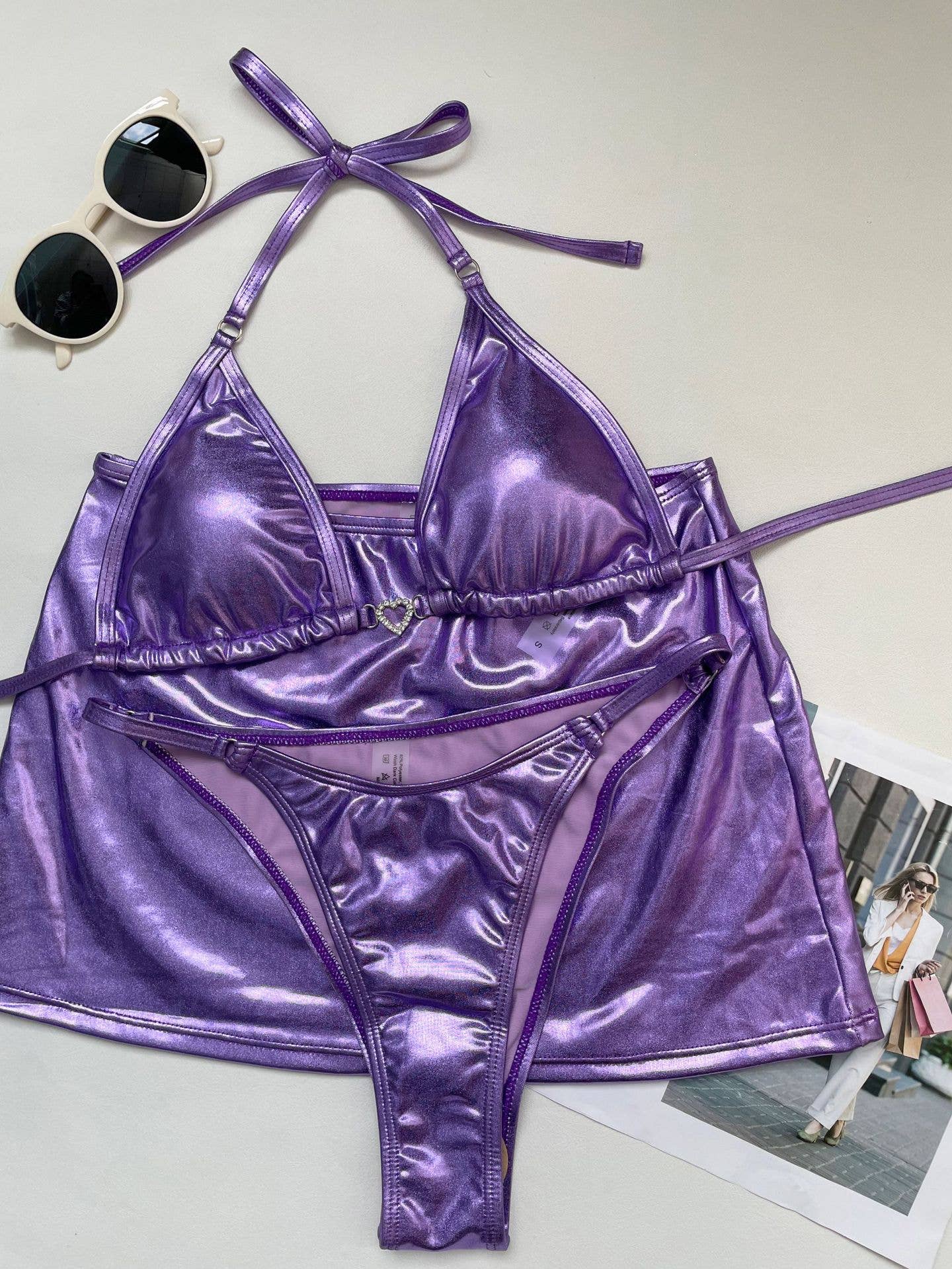 3-Piece Metallic Color  Bikini Swimsuits with Cover Up - Image 6