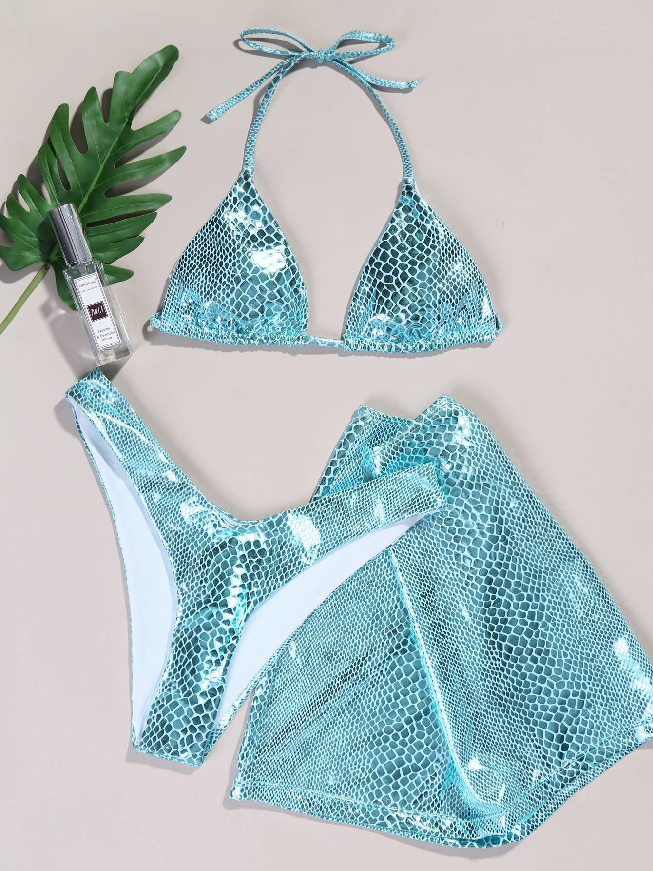 3-Piece Metallic Snake Print  Bikini Swimsuits with Cover Up - Image 25