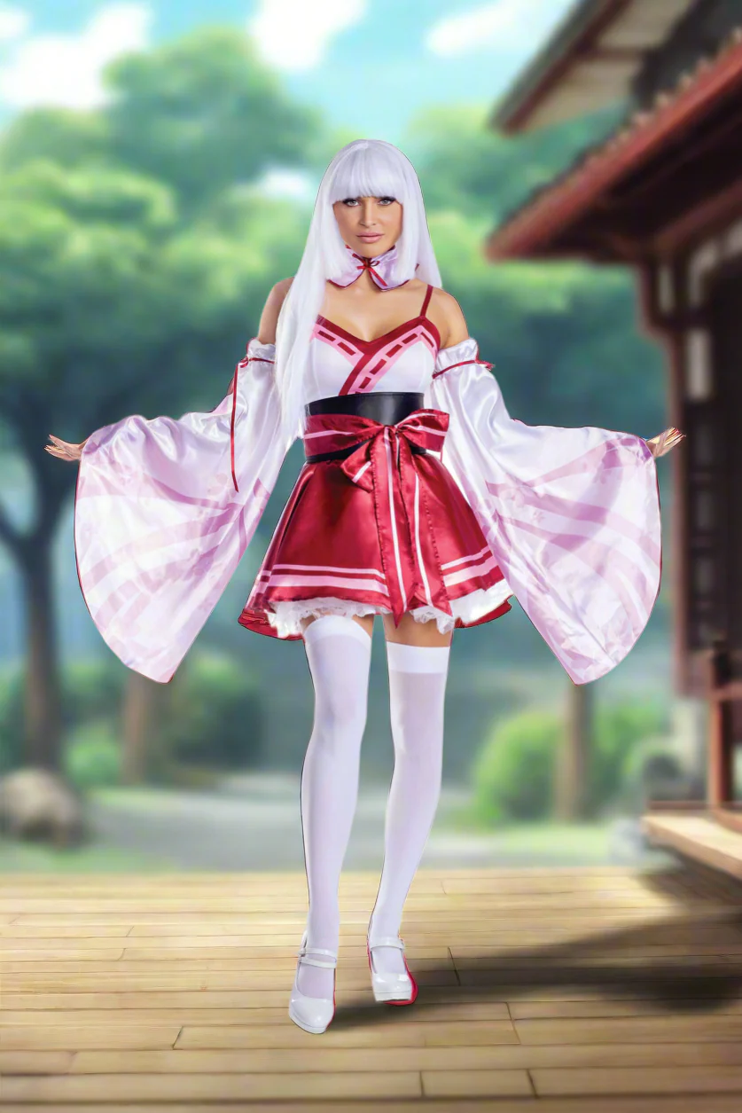 Sakura Shrine Maiden Satin Circle Skirt Dress with Bow Detail Womenâ€™s Costume â€“ Japanese-Inspired Outfit