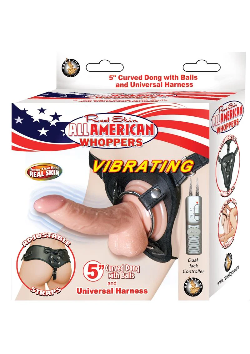 All American Whoppers Vibrating Curved Dildo with Balls and Universal Harness - Image 2