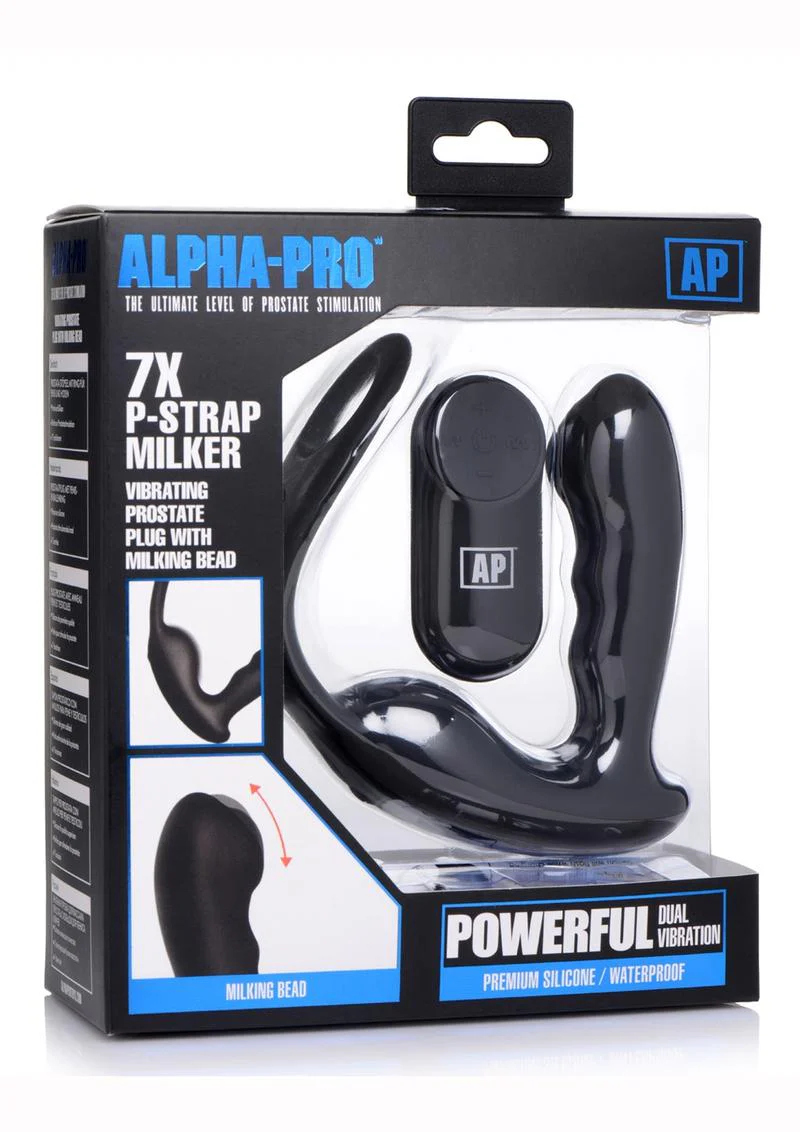 Alpha Pro 7x P-Strap Milker Silicone Rechargeable Vibrating Prostate Plug with Milking Bead, Cock and Ball Ring and Remote Control - Image 2