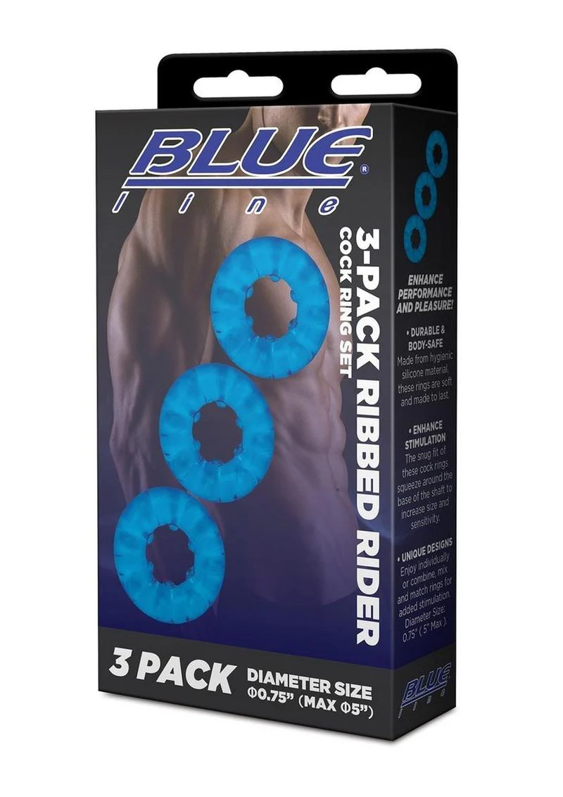 Blue Line Ribbed Rider Cock Ring - Image 2