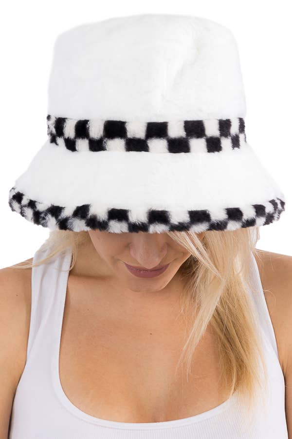 Cap Zone - Black White Checkered Fluffy Faux Fur Bucket Hat - Image 10