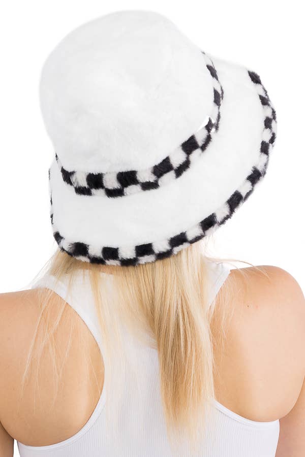Cap Zone - Black White Checkered Fluffy Faux Fur Bucket Hat - Image 11