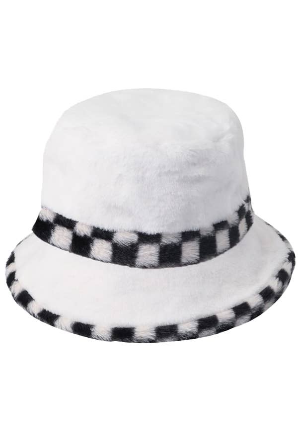 Cap Zone - Black White Checkered Fluffy Faux Fur Bucket Hat - Image 12