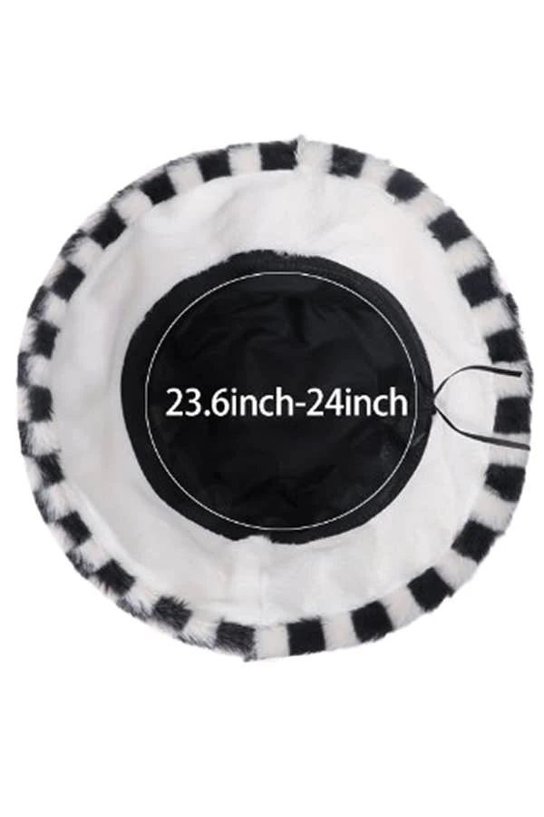 Cap Zone - Black White Checkered Fluffy Faux Fur Bucket Hat - Image 13