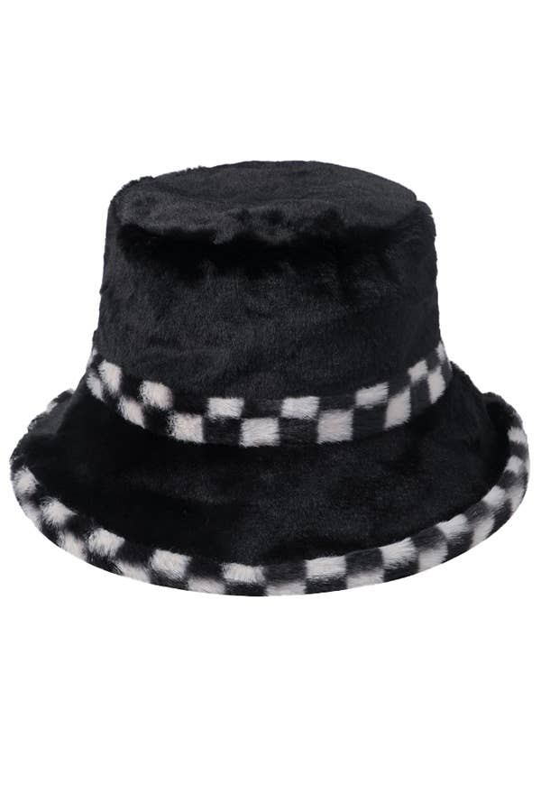 Cap Zone - Black White Checkered Fluffy Faux Fur Bucket Hat - Image 2
