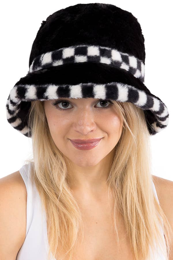 Cap Zone - Black White Checkered Fluffy Faux Fur Bucket Hat - Image 4
