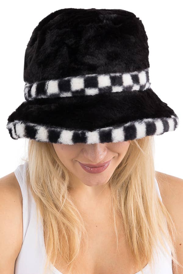 Cap Zone - Black White Checkered Fluffy Faux Fur Bucket Hat - Image 5