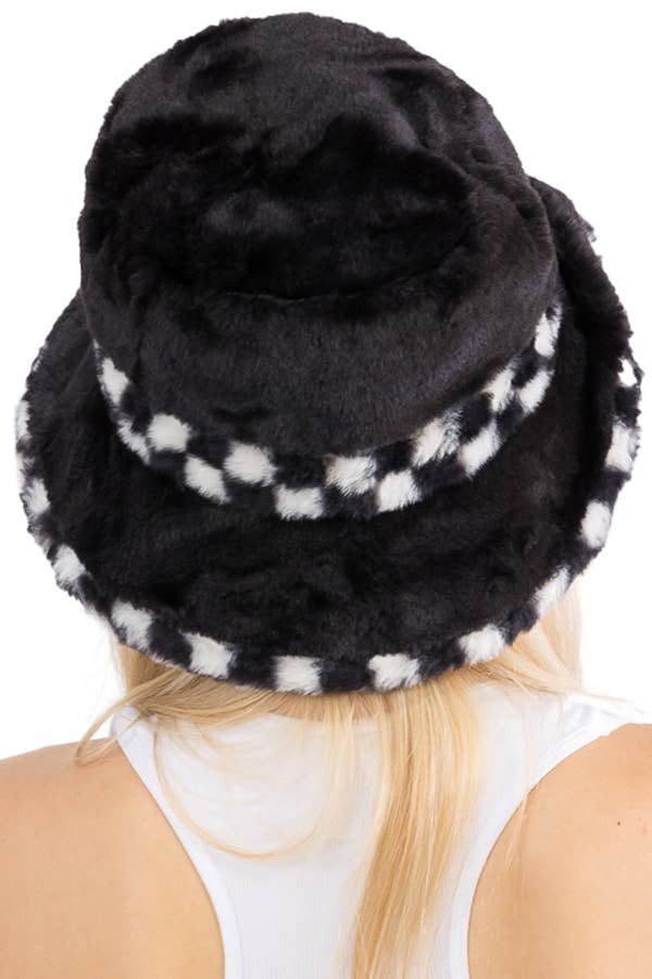Cap Zone - Black White Checkered Fluffy Faux Fur Bucket Hat - Image 6