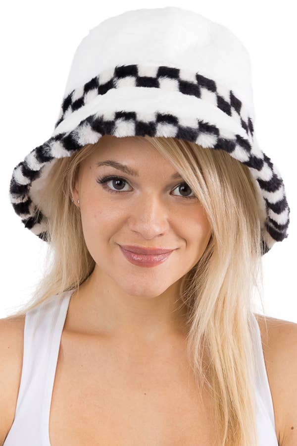 Cap Zone - Black White Checkered Fluffy Faux Fur Bucket Hat - Image 8