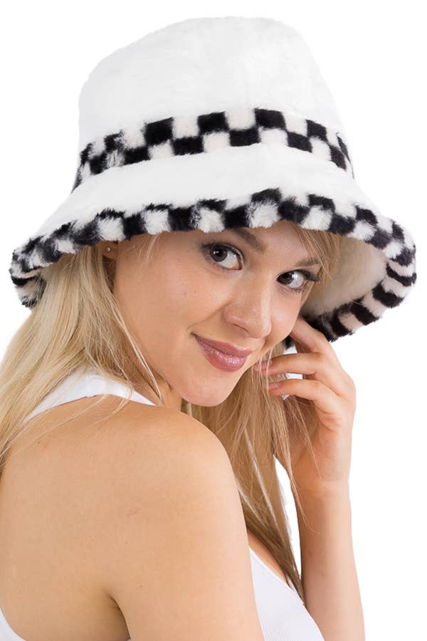 Cap Zone - Black White Checkered Fluffy Faux Fur Bucket Hat - Image 9