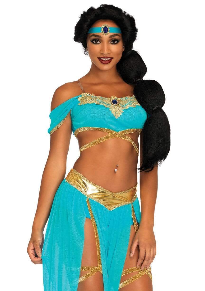 Enchanting Oasis Princess Costume: 4-Piece Teal Gold Arabian Genie Outfit for Women - Image 5