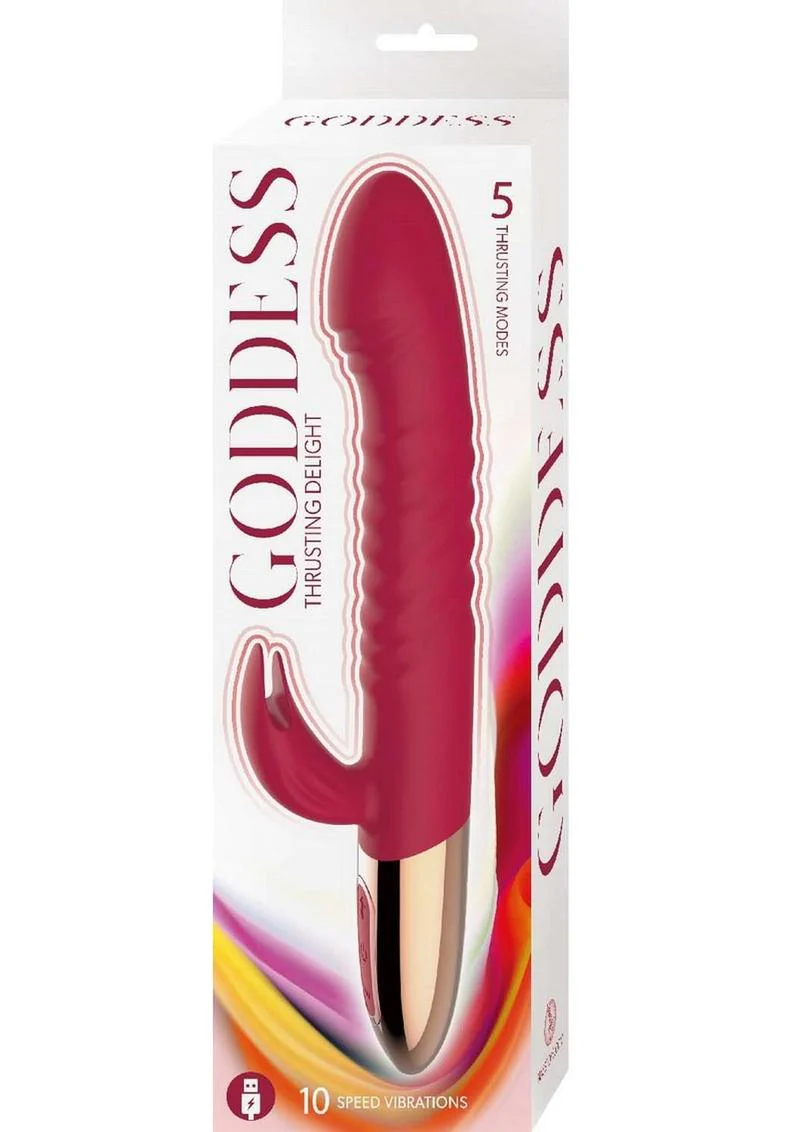 Goddess Thrusting Delight Rechargeable Silicone Rabbit Vibrator - Red - Image 2