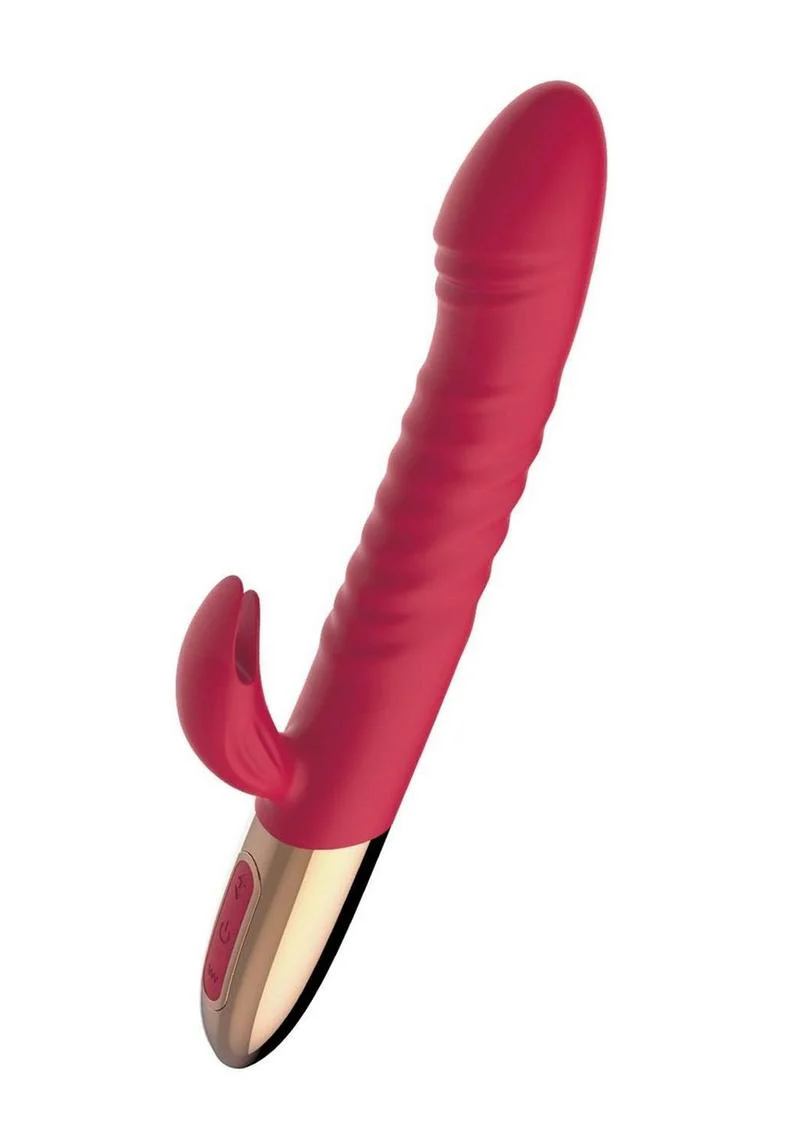 Goddess Thrusting Delight Rechargeable Silicone Rabbit Vibrator - Red - Image 3