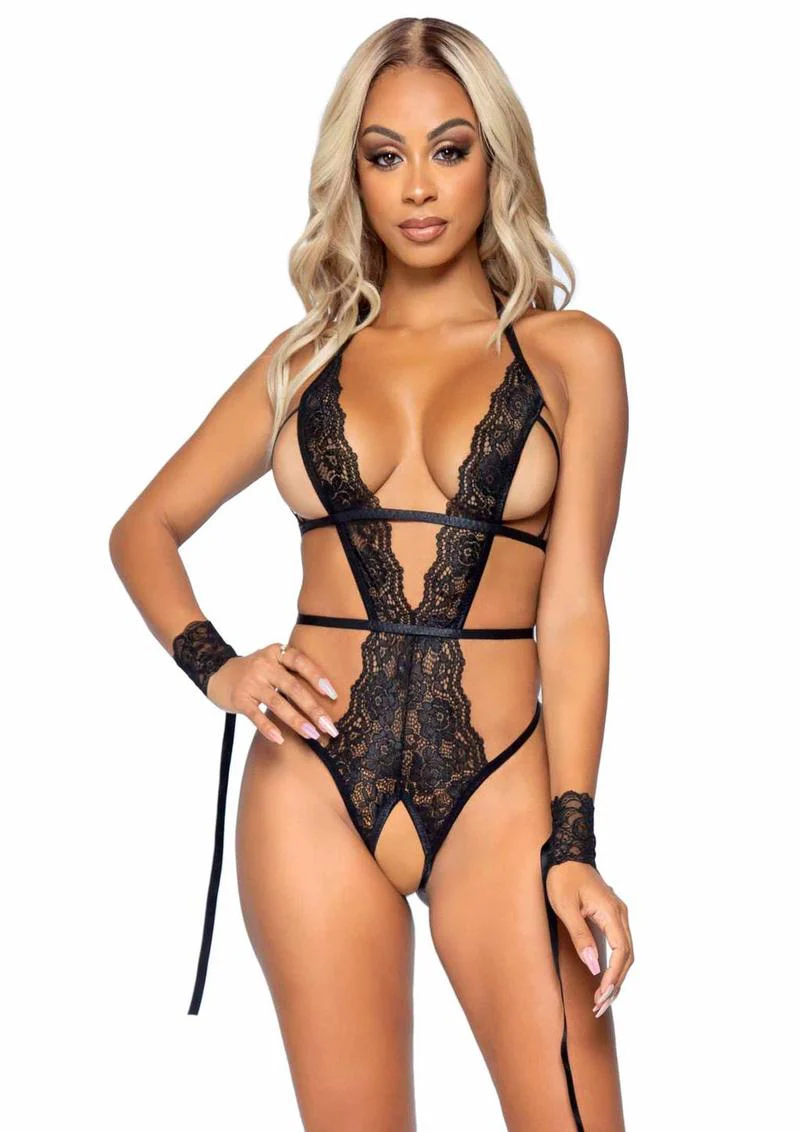 Leg Avenue Cage Strap Crotchless Lace Teddy with G-String Back and Open Cup, Tie Back Straps and Restraint Wrist Cuffs - Image 7