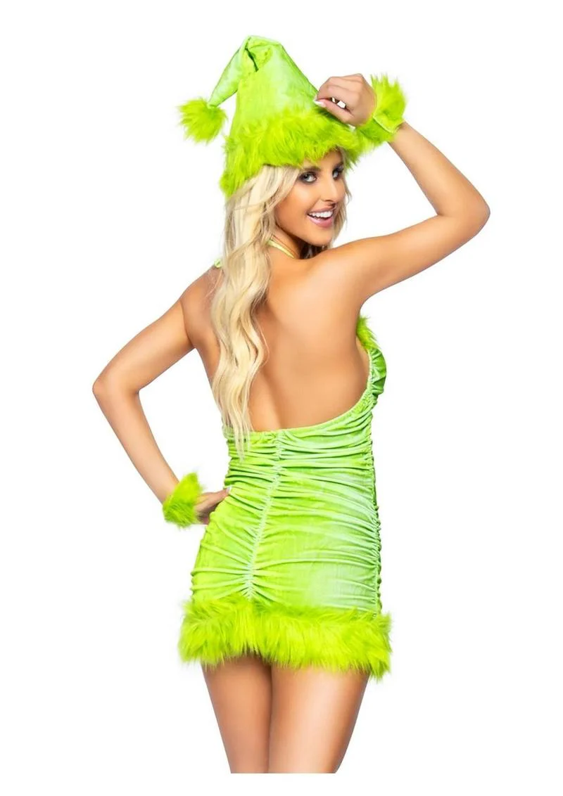 Leg Avenue Christmas Baddie Set Ruched Velvet Dress with Tie Back Halter Straps and Fur Trim, Wrist Cuffs, and Hat - Image 2