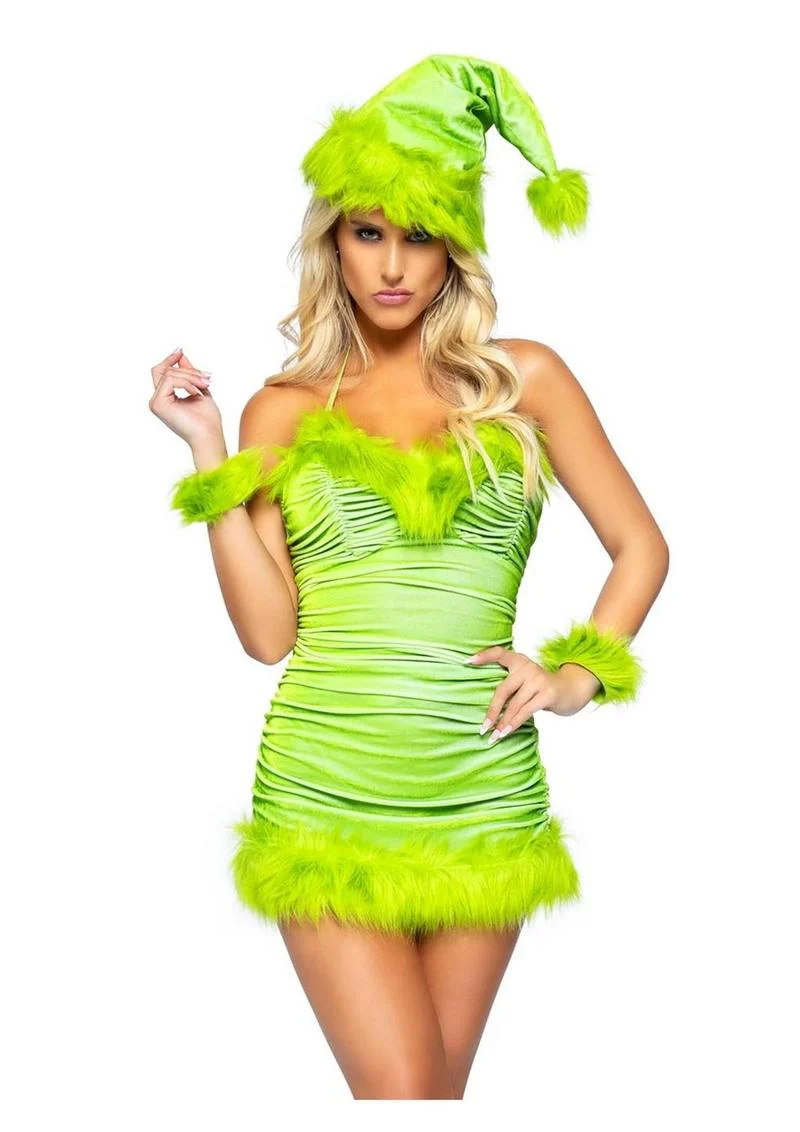 Leg Avenue Christmas Baddie Set Ruched Velvet Dress with Tie Back Halter Straps and Fur Trim, Wrist Cuffs, and Hat - Image 3