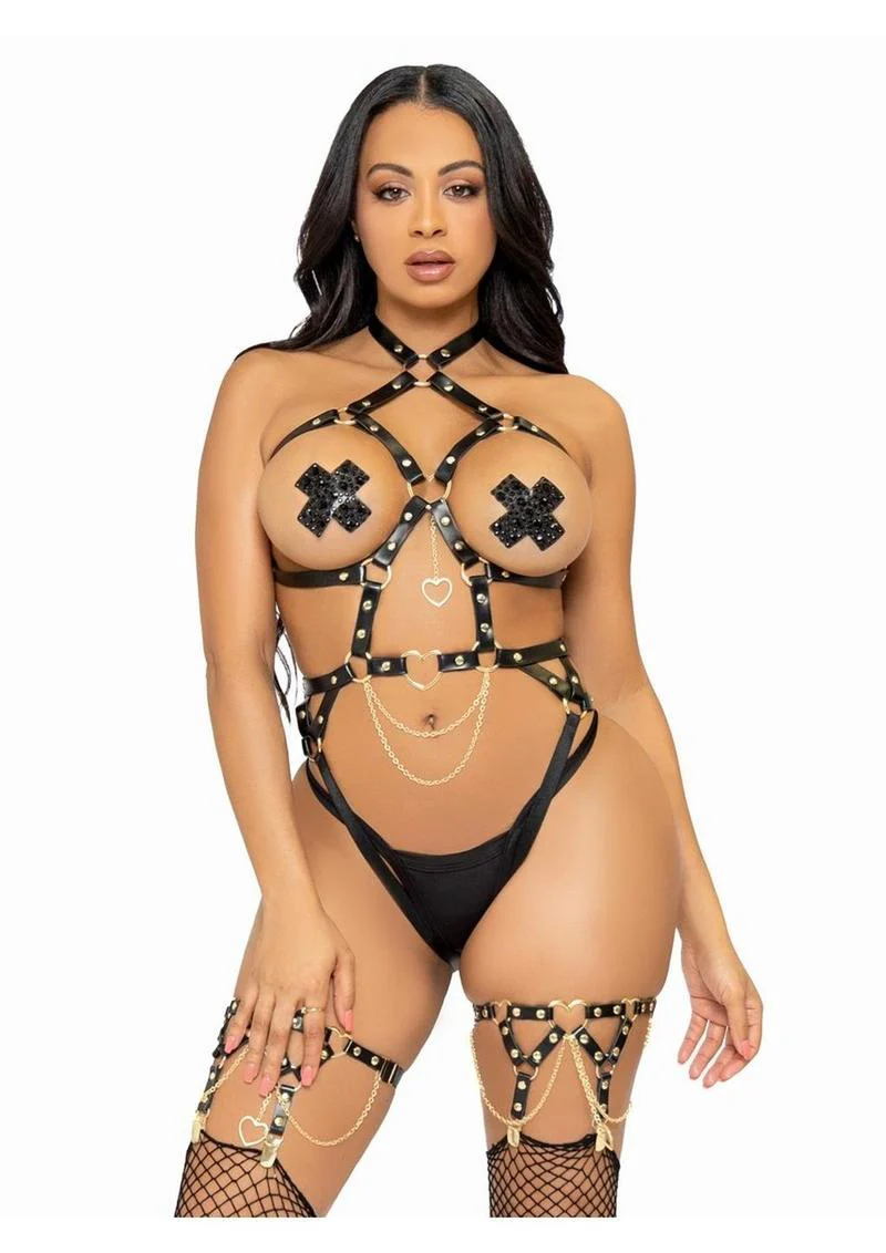 Leg Avenue Convertible Vegan Leather Heart Ring Studded Harness Teddy with Panty-Straps, and Chain - Image 5