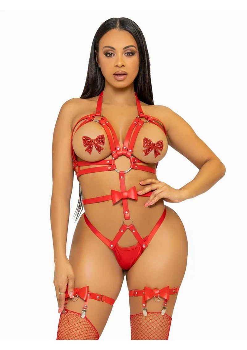 Leg Avenue Convertible Vegan Leather O-Ring Studded Harness Teddy with Panty-Straps, and Bow - Image 5