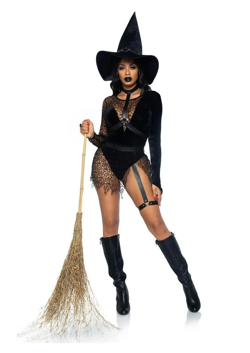 Leg Avenue Crafty Witch Snap Crotch Velvet Bodysuit with Distressed Net and Attached Garter, Choker Body Harness, and Matching Velvet Witch Hat - Image 3