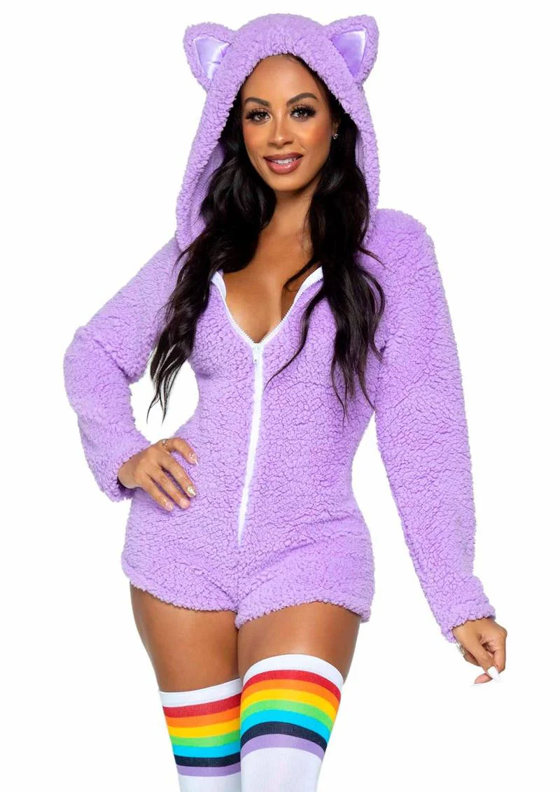 Leg Avenue Cuddle Kitty Ultra Soft Zip Up Romper with Cat Ear Hood and Tail - Image 4
