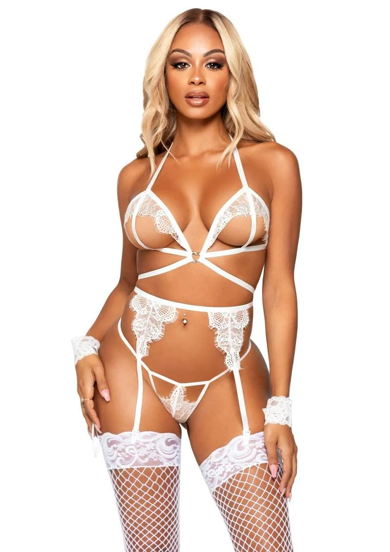 Leg Avenue Eyelash Lace Cage Strap Open Cup Bra with Heart Ring Accent, Garter Belt, G-String Panty and Wrist Cuffs - Image 8
