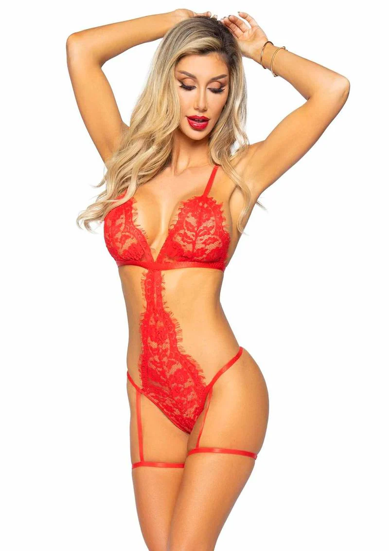 Leg Avenue Eyelash Lace Garter Teddy with G-String Back and Adjustable Straps, Lace Robe and Ribbon Tie - Image 11