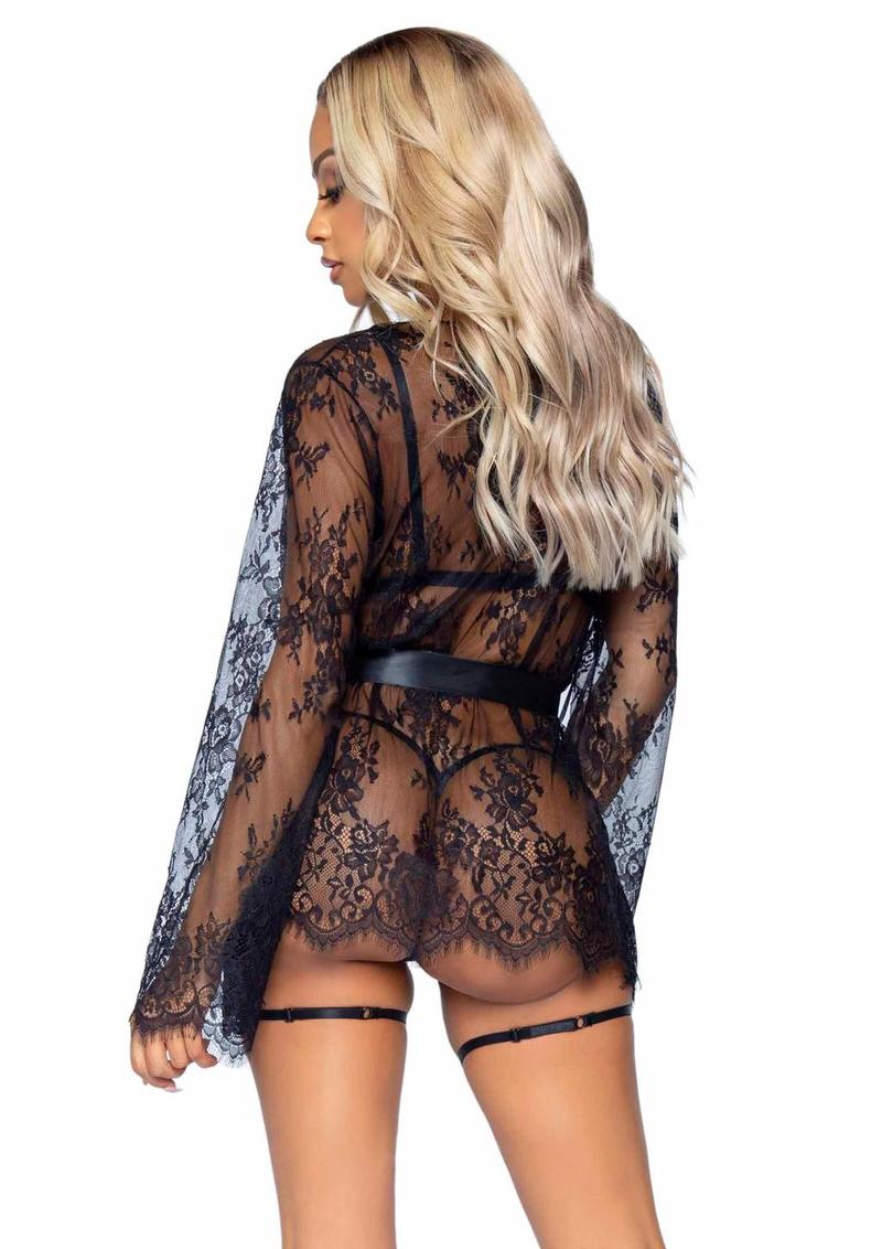 Leg Avenue Eyelash Lace Garter Teddy with G-String Back and Adjustable Straps, Lace Robe and Ribbon Tie - Image 2