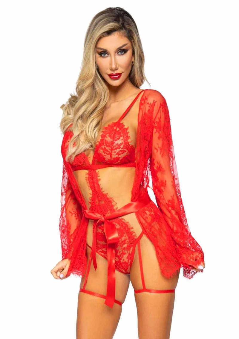 Leg Avenue Eyelash Lace Garter Teddy with G-String Back and Adjustable Straps, Lace Robe and Ribbon Tie - Image 5