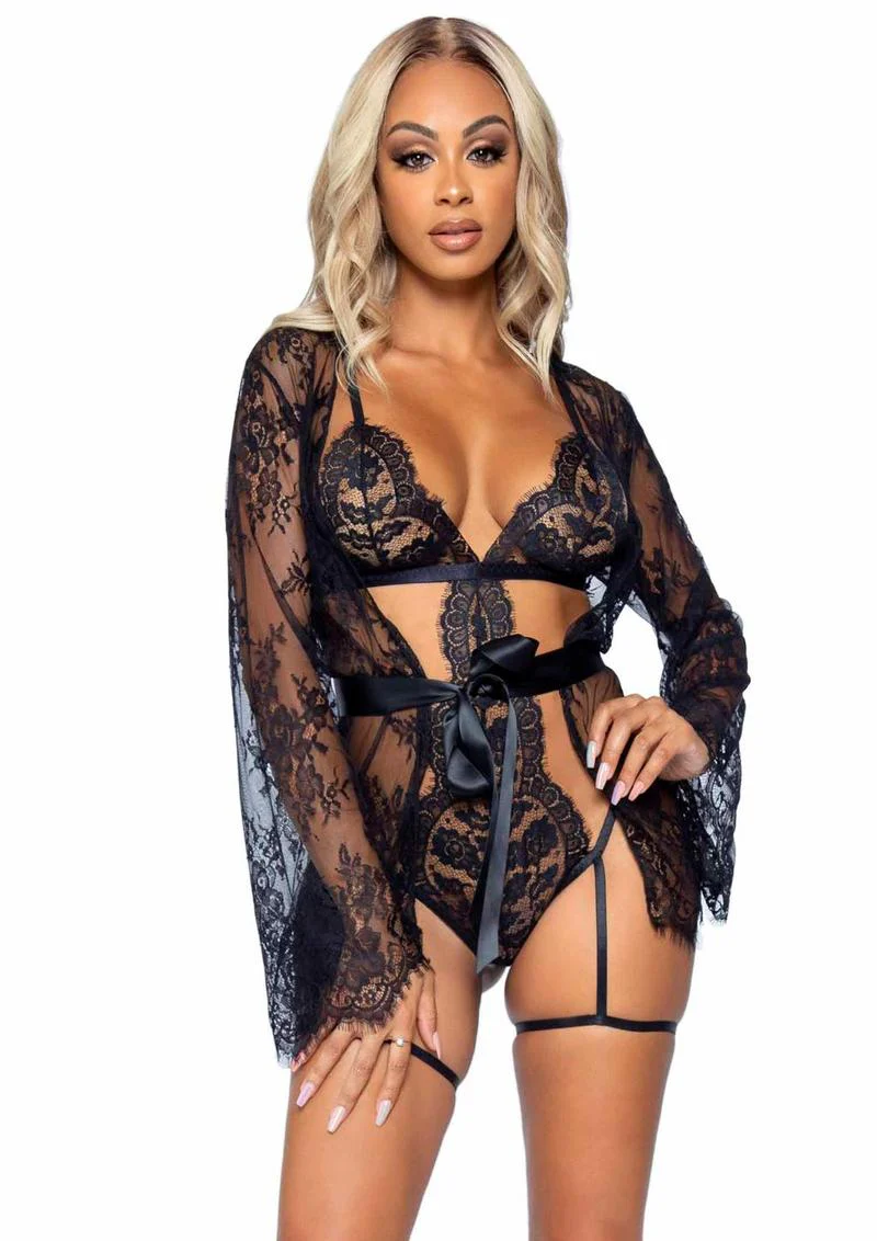 Leg Avenue Eyelash Lace Garter Teddy with G-String Back and Adjustable Straps, Lace Robe and Ribbon Tie - Image 9