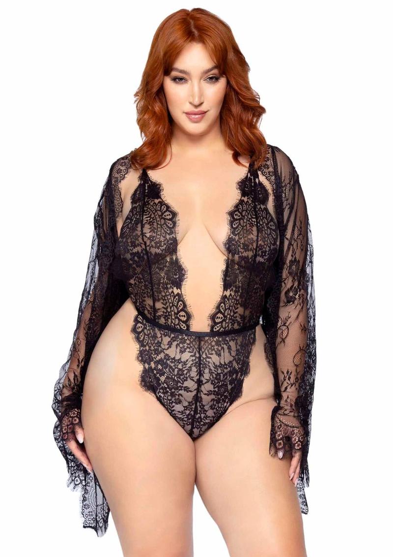 Leg Avenue Floral Lace Teddy with Adjustable Straps and Cheeky Thong Back, Matching Lace Robe with Scalloped Trim and Satin Tie - Image 7