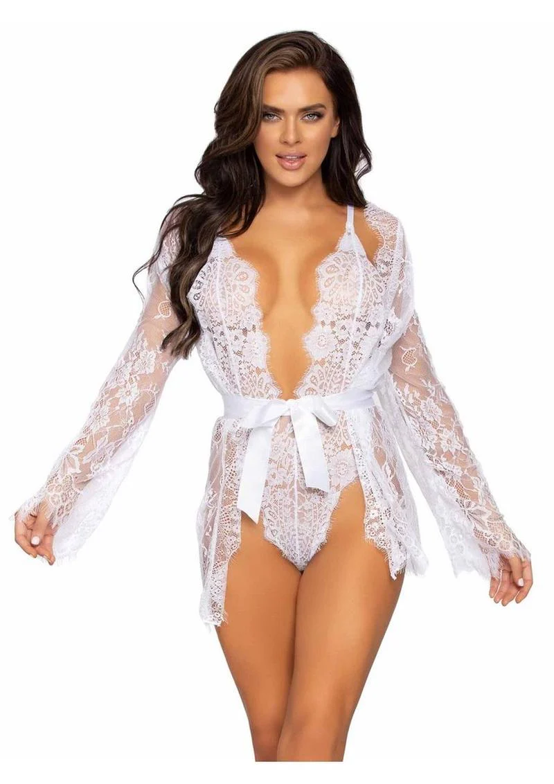 Leg Avenue Floral Lace Teddy with Adjustable Straps and Cheeky Thong Back Matching Lace Robe with Scalloped Trim and Satin Tie - Image 13