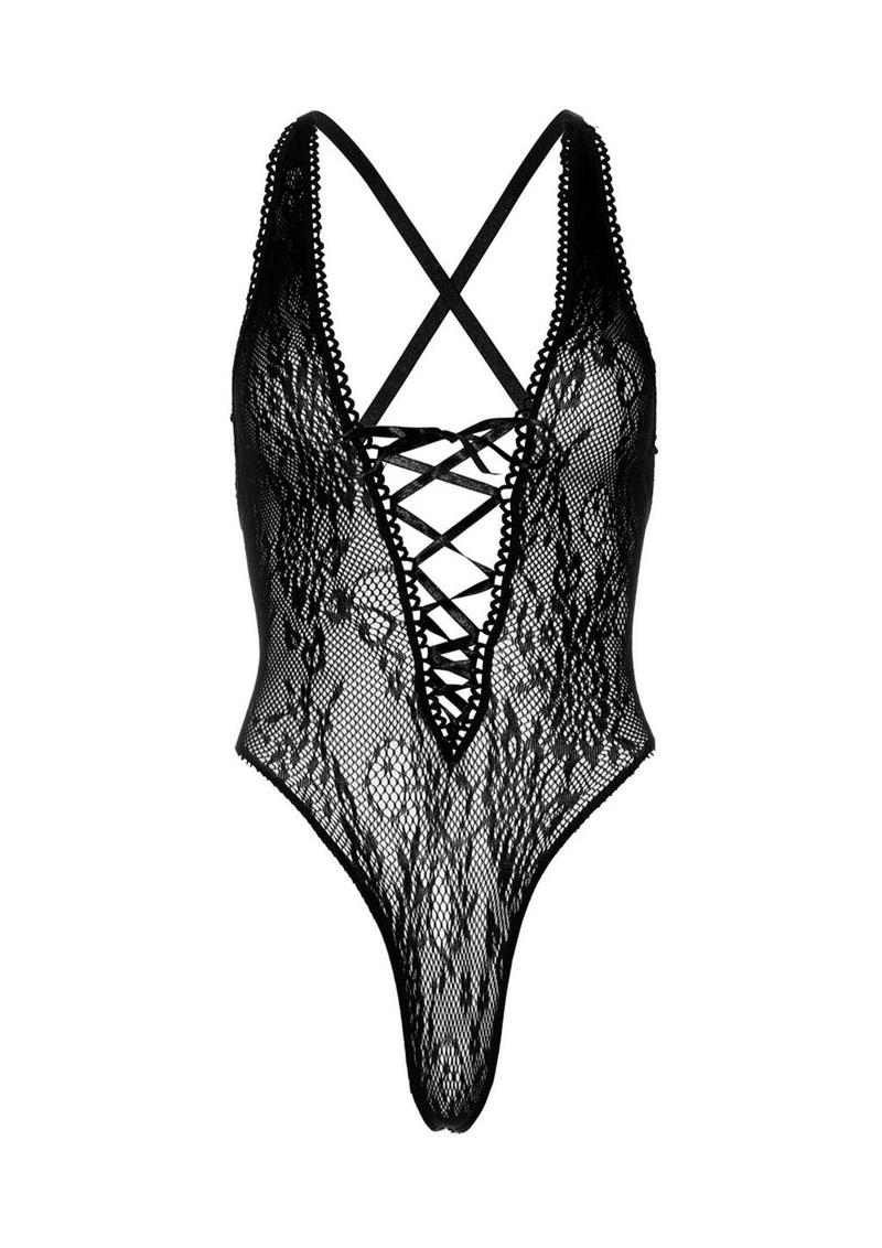 Leg Avenue Floral Lace Thong Teddy with Lace Up Front and Adjustable Cross Over Back Straps - Image 3