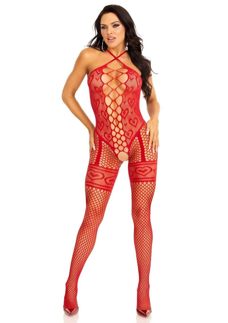 Leg Avenue Heart Net Halter Bodystocking with Faux Lace Up Front and Leg Garter Detail - Image 3