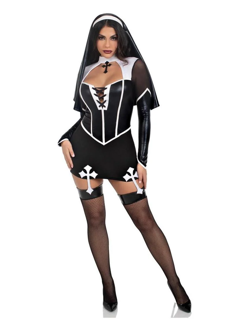 Leg Avenue Holy Hottie Set Boned Garter Dress with Cross Accents and Nun Habit - Image 4