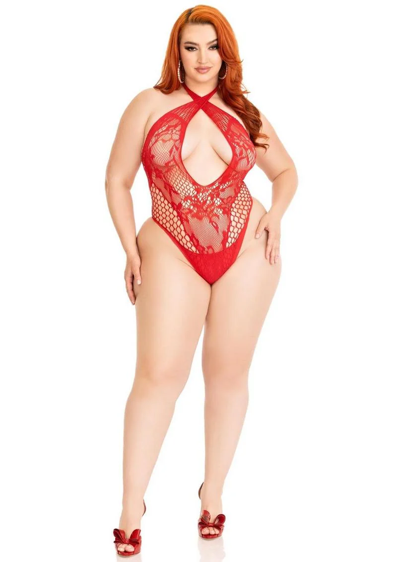 Leg Avenue Lace and Net Keyhole Crossover Halter Teddy - 1x/2x - Image 3