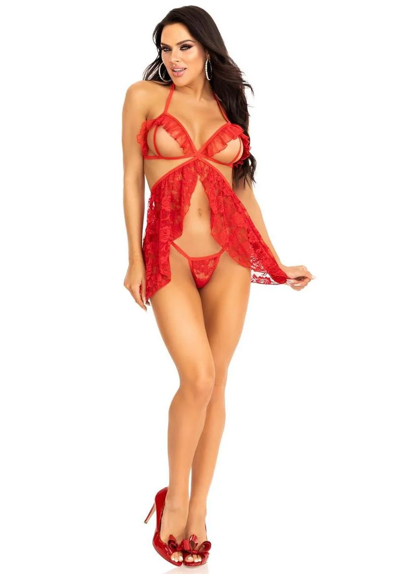 Night Gown Lace Flyaway Babydoll with Ruffle Peek-A-Boo Cups and Lace G-String - Image 3
