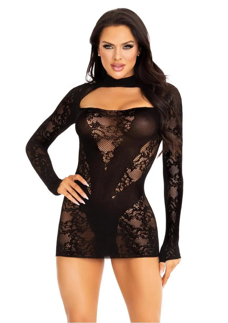 Leg Avenue Lace Keyhole Mini Dress with Opaque Panel Detailing and Gloved Sleeves - Image 4