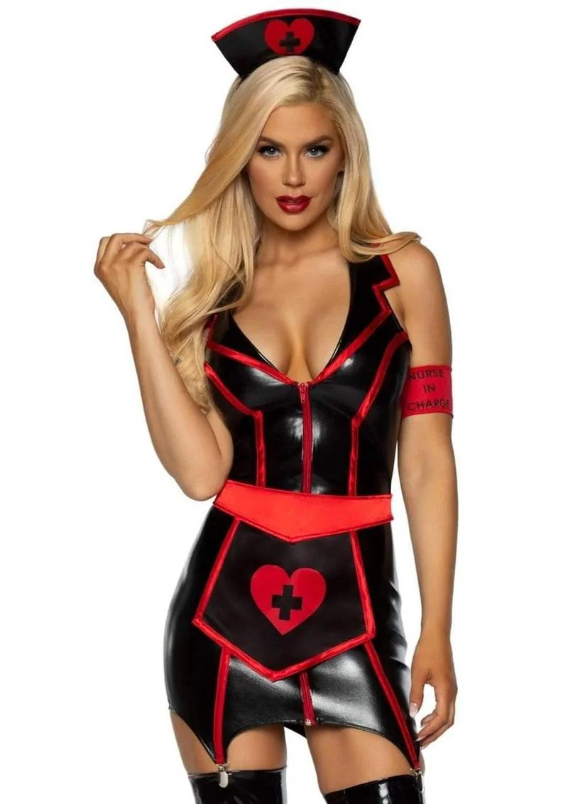 Leg Avenue Naughty Nurse Zip Up Wet Look Garter Dress, Heart Apron, Arm Band, and Head - Image 3