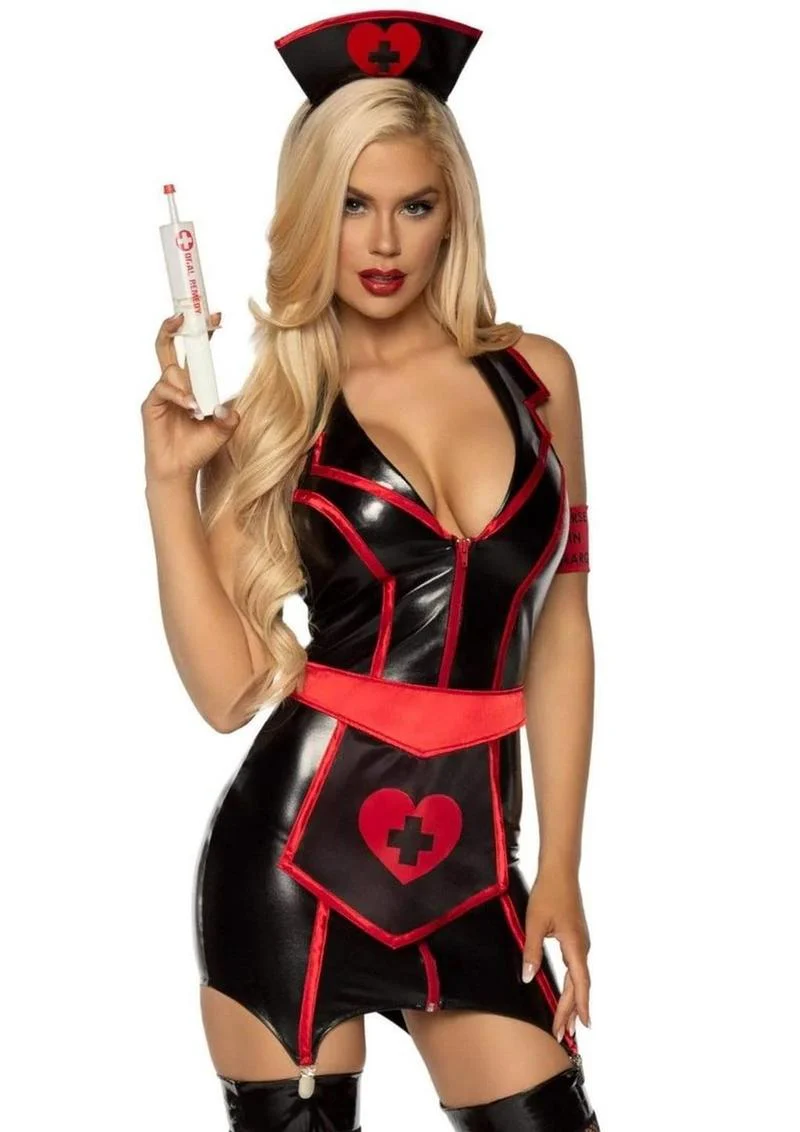 Leg Avenue Naughty Nurse Zip Up Wet Look Garter Dress, Heart Apron, Arm Band, and Head - Image 6