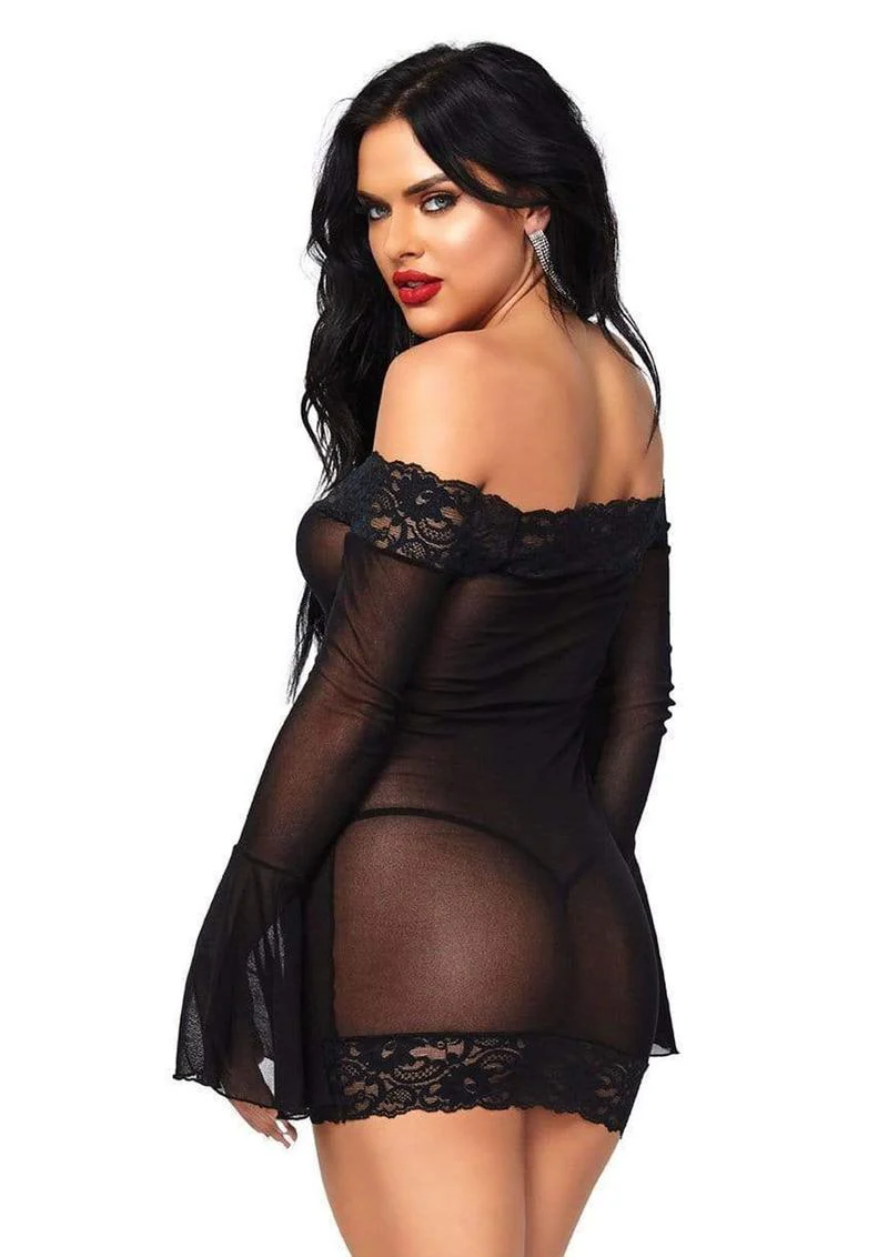 Leg Avenue Off The Shoulder Lace Trimmed Mesh Mini Dress with Lace Bell Sleeves and Matching G-String - Image 2