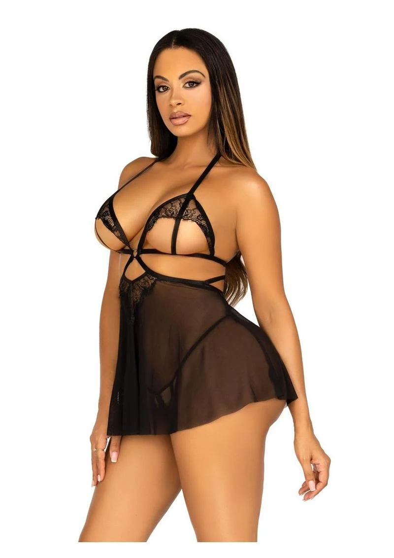Leg Avenue Open Cup Eyelash Lace and Mesh Babydoll with Heart Ring Accent and Matching Panty - Image 2