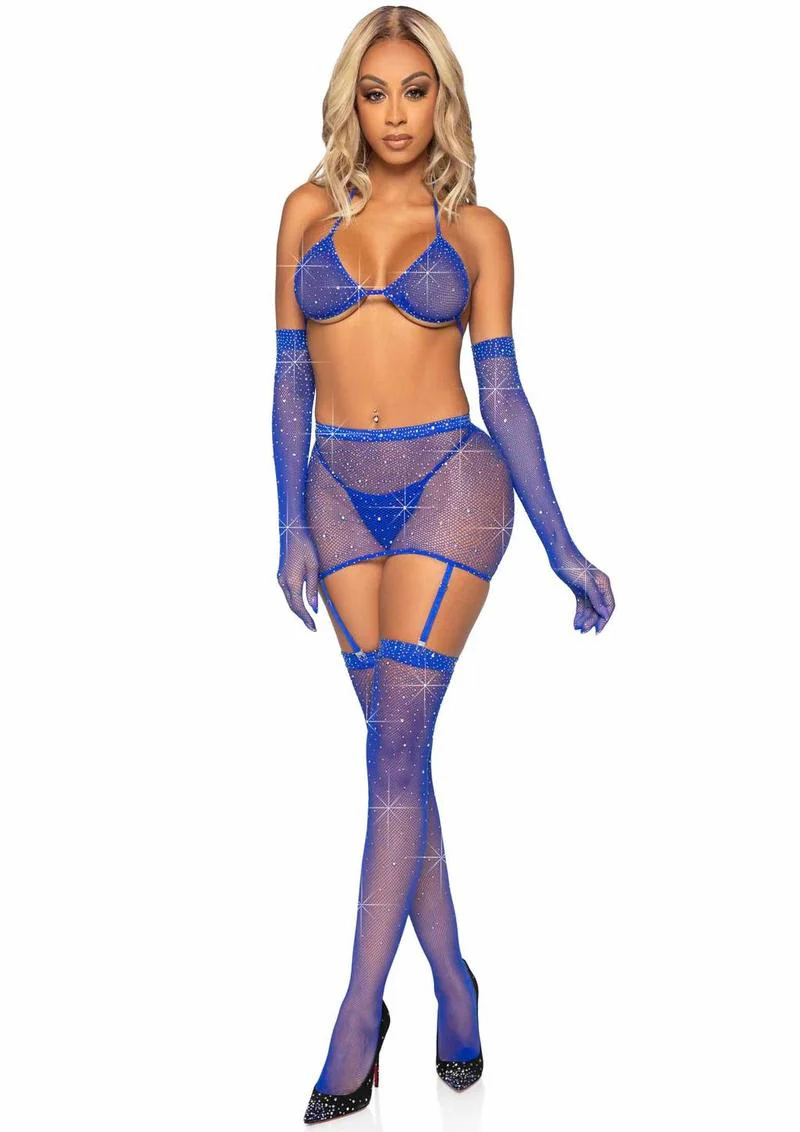 Leg Avenue Rhinestone Fishnet Garter Skirt Set with Bikini Top, G-String, Gloves and Matching Stockings - Image 13
