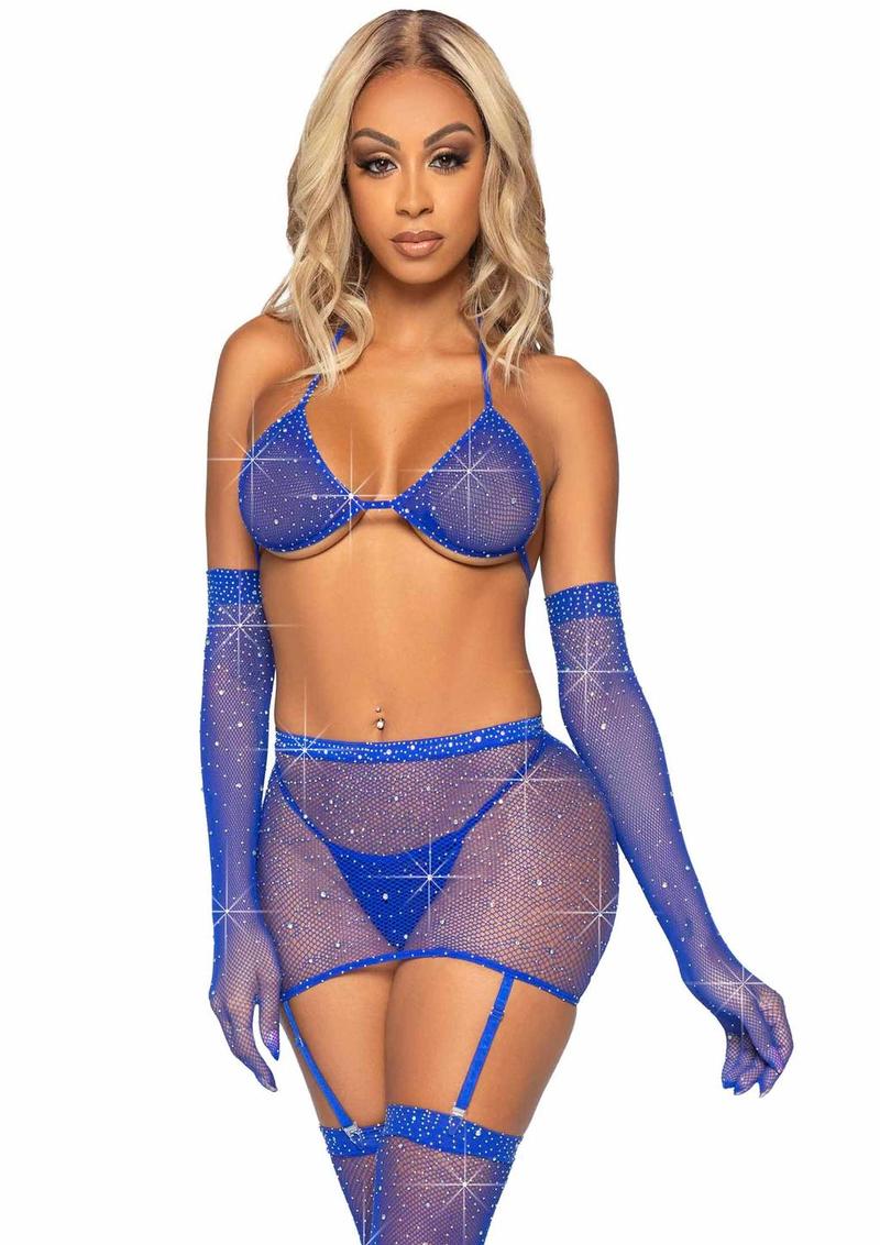 Leg Avenue Rhinestone Fishnet Garter Skirt Set with Bikini Top, G-String, Gloves and Matching Stockings - Image 16