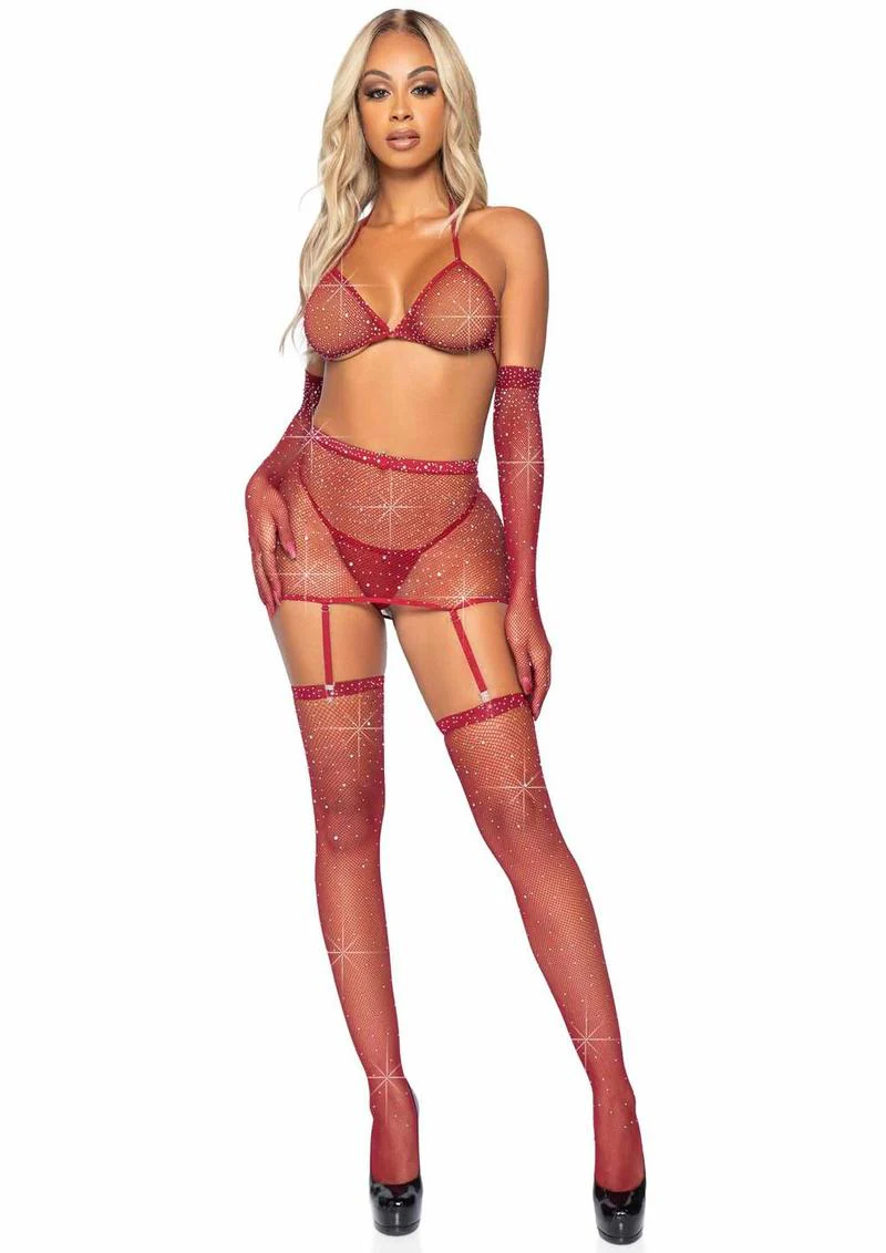 Leg Avenue Rhinestone Fishnet Garter Skirt Set with Bikini Top, G-String, Gloves and Matching Stockings - Image 17