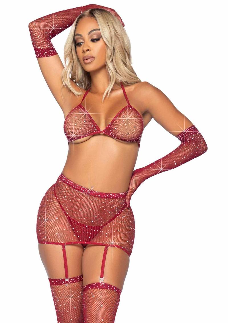 Leg Avenue Rhinestone Fishnet Garter Skirt Set with Bikini Top, G-String, Gloves and Matching Stockings - Image 19