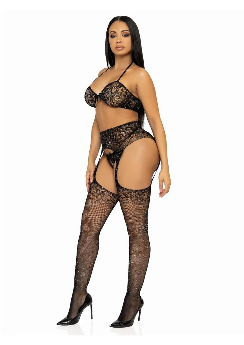 Leg Avenue Rhinestone Lace Bra Top, G-String, and Fishnet Garter Belt Stocking - Image 3
