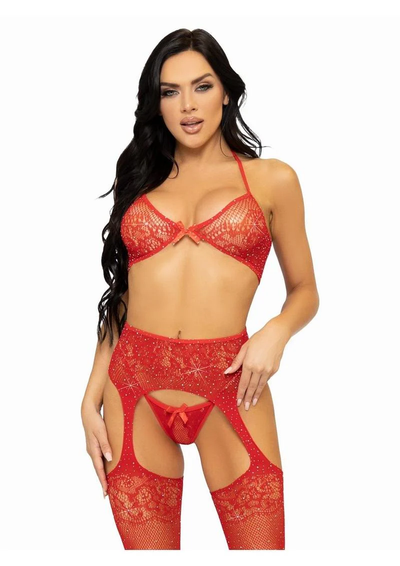 Leg Avenue Rhinestone Lace Bra Top, G-String, and Fishnet Garter Belt Stocking - Image 5