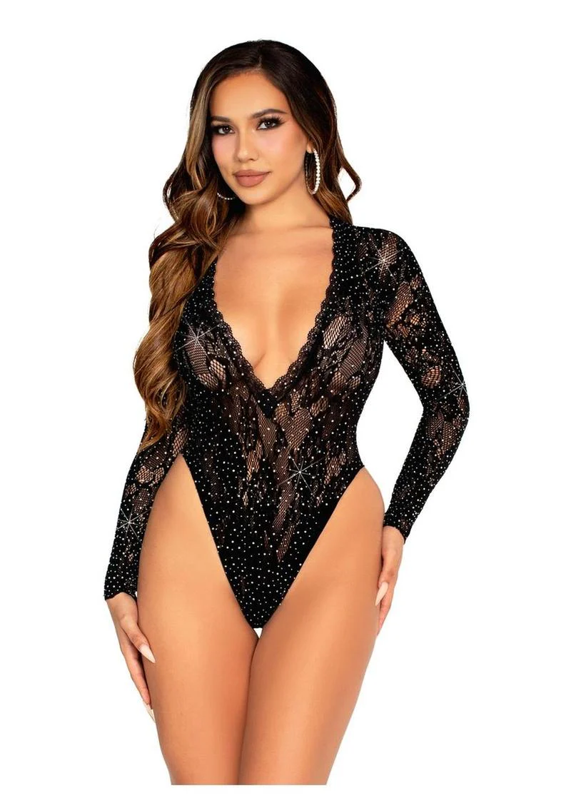 Leg Avenue Rhinestone Lace Deep-V High Cut Bodysuit